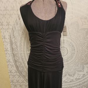 Free People ruched mini dress with embroidered halter neck